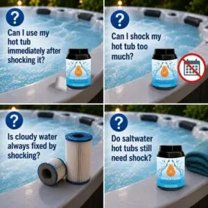 1024-1024 - SilkBalance - SilkBalance Question panel: Can I use my hot tub immediately after shocking it? with Shock Gems bottle on the tub edge.