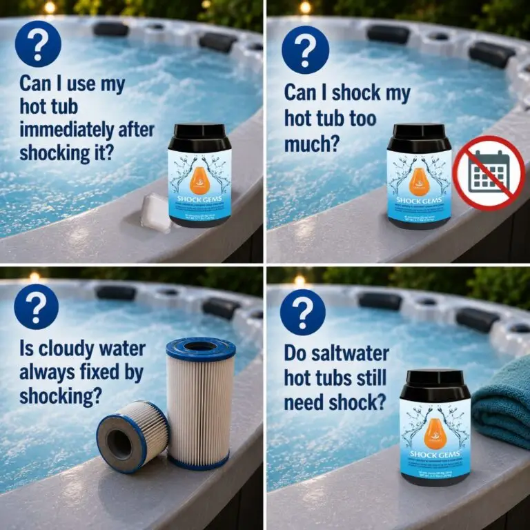 1024-1024 - SilkBalance - SilkBalance Question panel: Can I use my hot tub immediately after shocking it? with Shock Gems bottle on the tub edge.