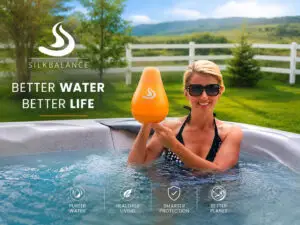 Better water better Life - SilkBalance - SilkBalance Woman in a hot tub holding an orange SilkBalance bottle; text on left reads 'Better Water, Better Life' in a sunny outdoor scene.