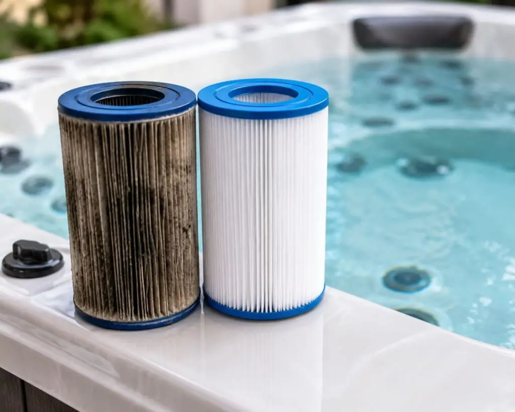 Two cylindrical pool/spa filter cartridges on a white tub edge, one dirty and clogged and the other clean with blue ends, ready for replacement.