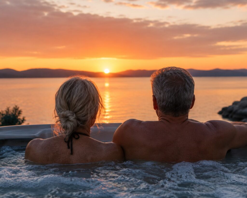 Hot tub stress relief during a relaxing evening soak.