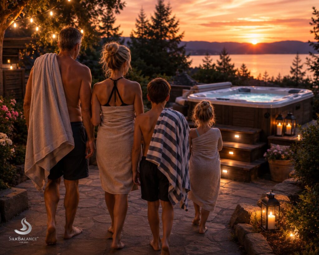 Hot tub stress relief during a relaxing evening soak with family