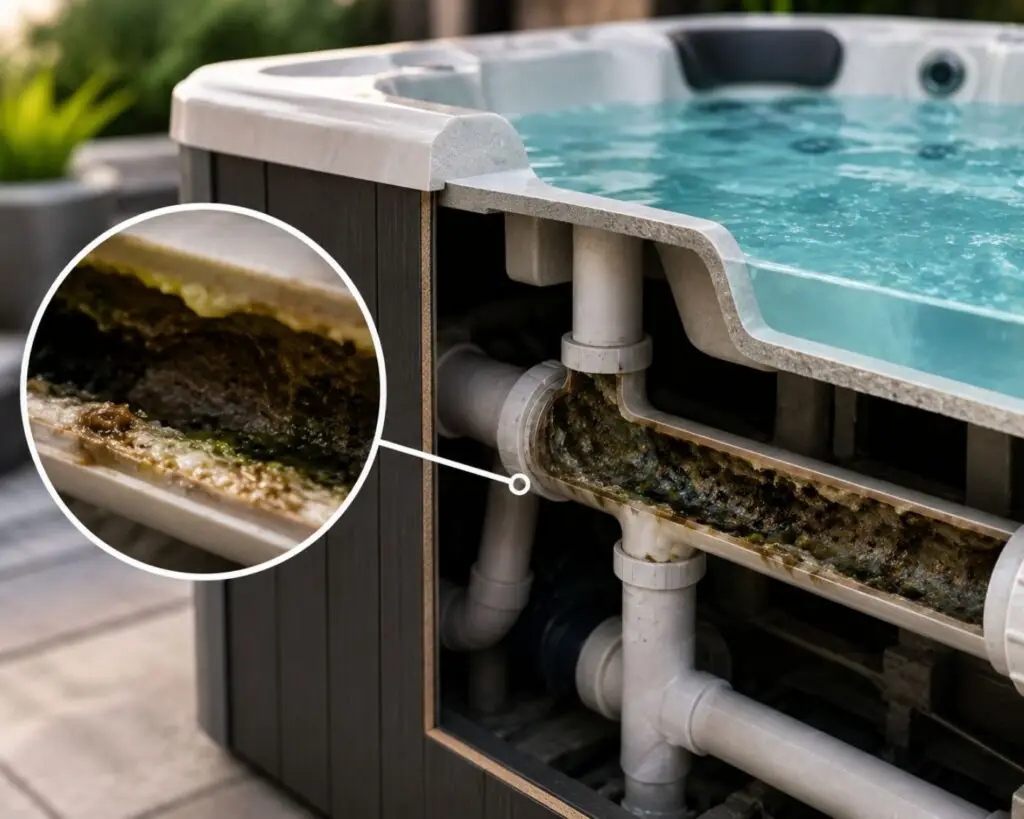 Cutaway view of a hot tub showing heavy grime and algae buildup inside the plumbing.