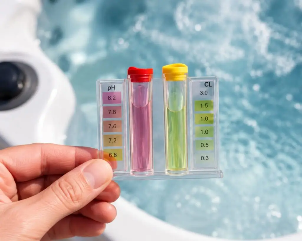 Pool water test kit showing pH and chlorine color scales held by a hand against a blue pool background, for water quality testing.