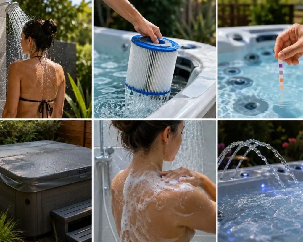 Person rinses under an outdoor shower.