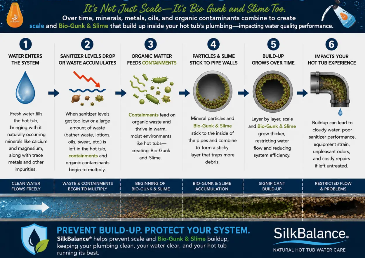 Six-step infographic explaining how minerals and contaminants build up in a hot tub from water entry to reduced flow and eventual impact on the user’s experience, highlighting prevention with SilkBalance.